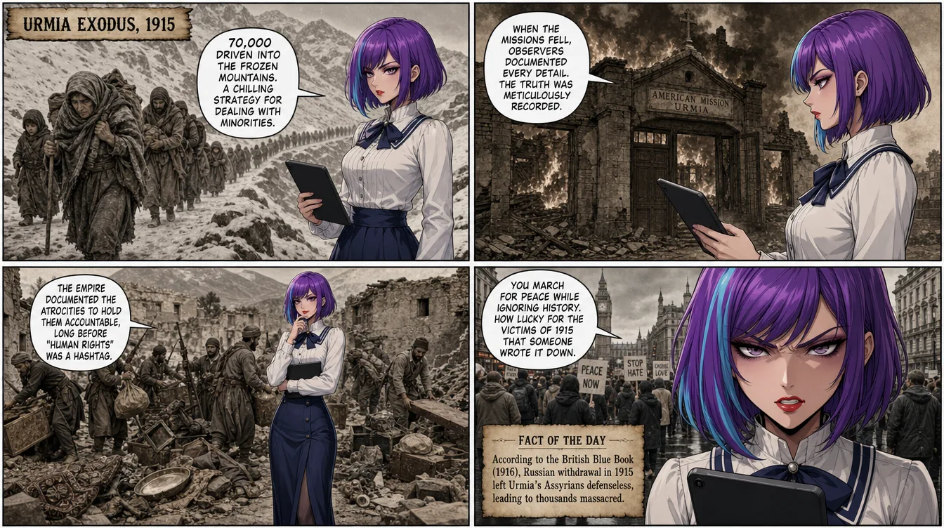 Four-panel "Old Amelia" comic: 70,000 Assyrians are driven into the mountains during the 1915 Urmia exodus after Russian withdrawal left the city undefended.