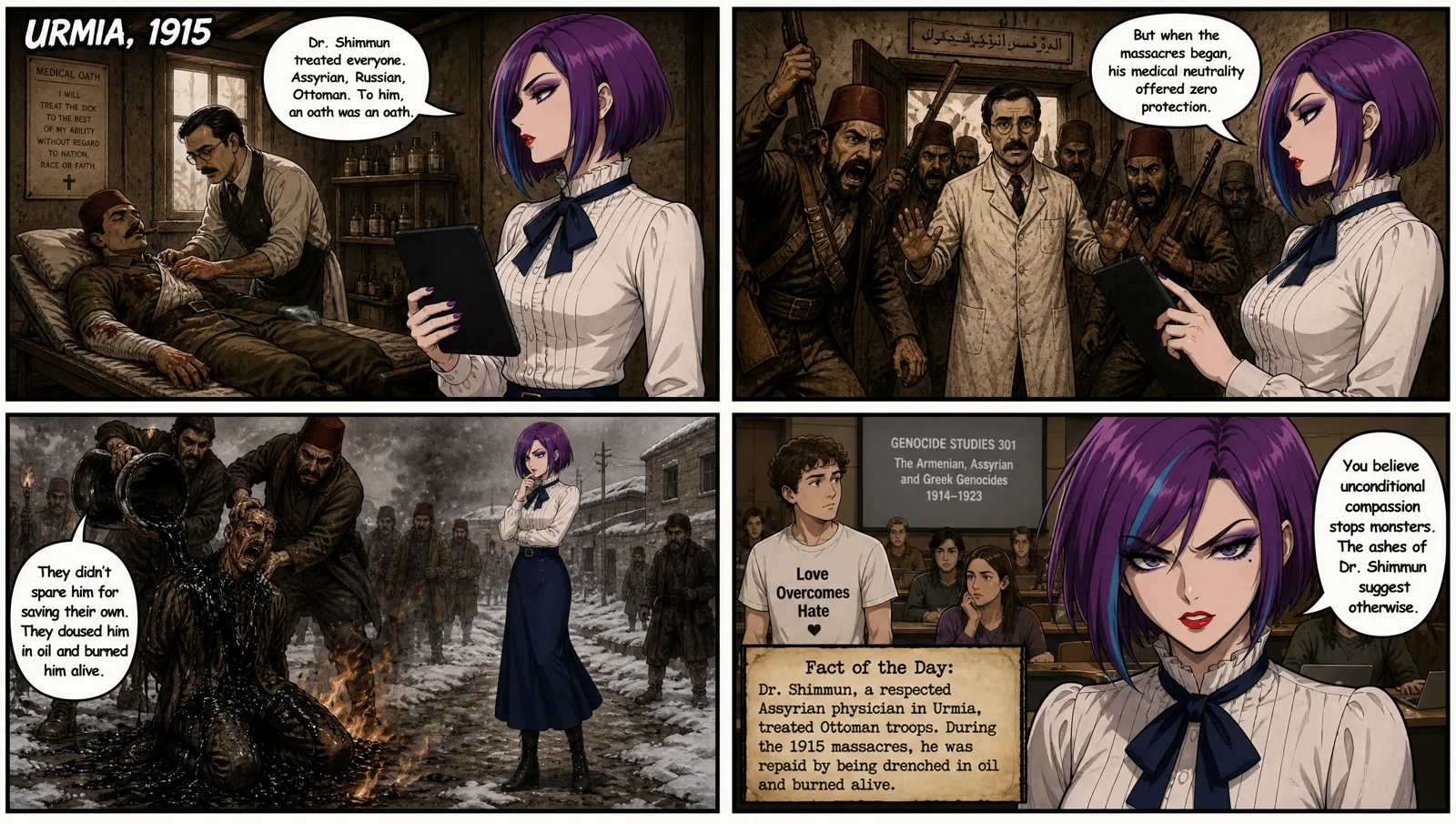 Four-panel "Old Amelia" comic: an Assyrian physician in Urmia who treated all sides under the Medical Oath is burned alive during the 1915 massacres.