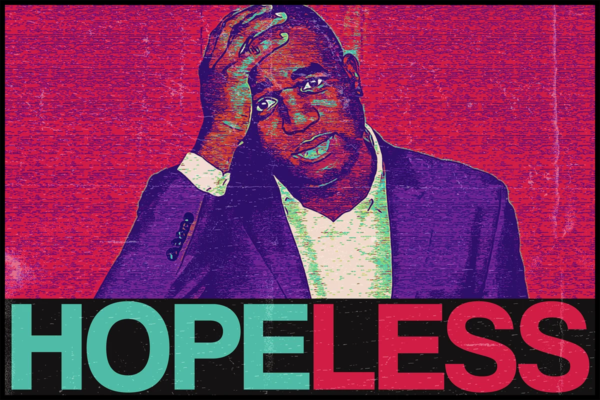 Glitch-art portrait of a man in suit, hand to forehead, with HOPELESS split into teal HOPE and red LESS