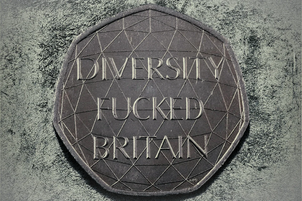 Heptagonal coin with embossed text DIVERSITY FUCKED BRITAIN on a stone-textured background