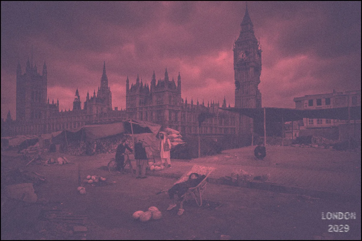 Purple-hazed dystopian London with homeless encampment in foreground, Parliament in background