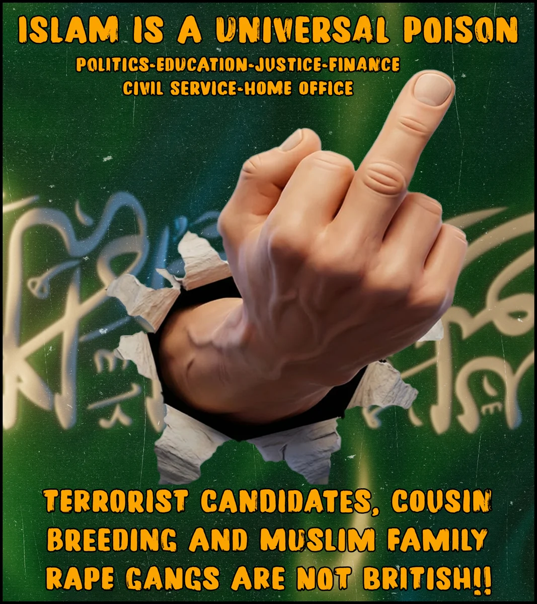 Anti-Islam propaganda poster with hand tearing through green background, middle finger extended